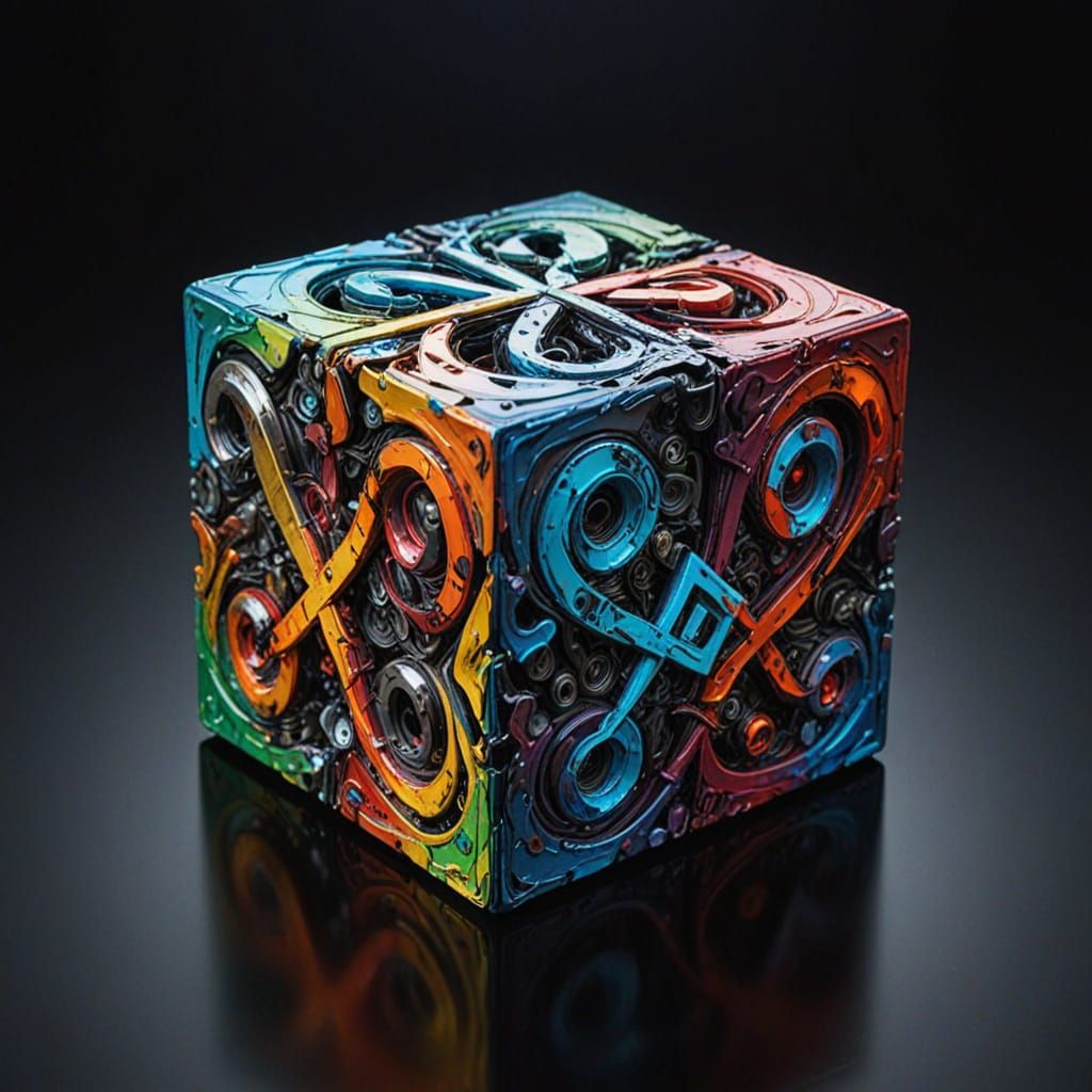 Surreal Oil Painting of a Twisted Metal Cube with Glowing Sy...