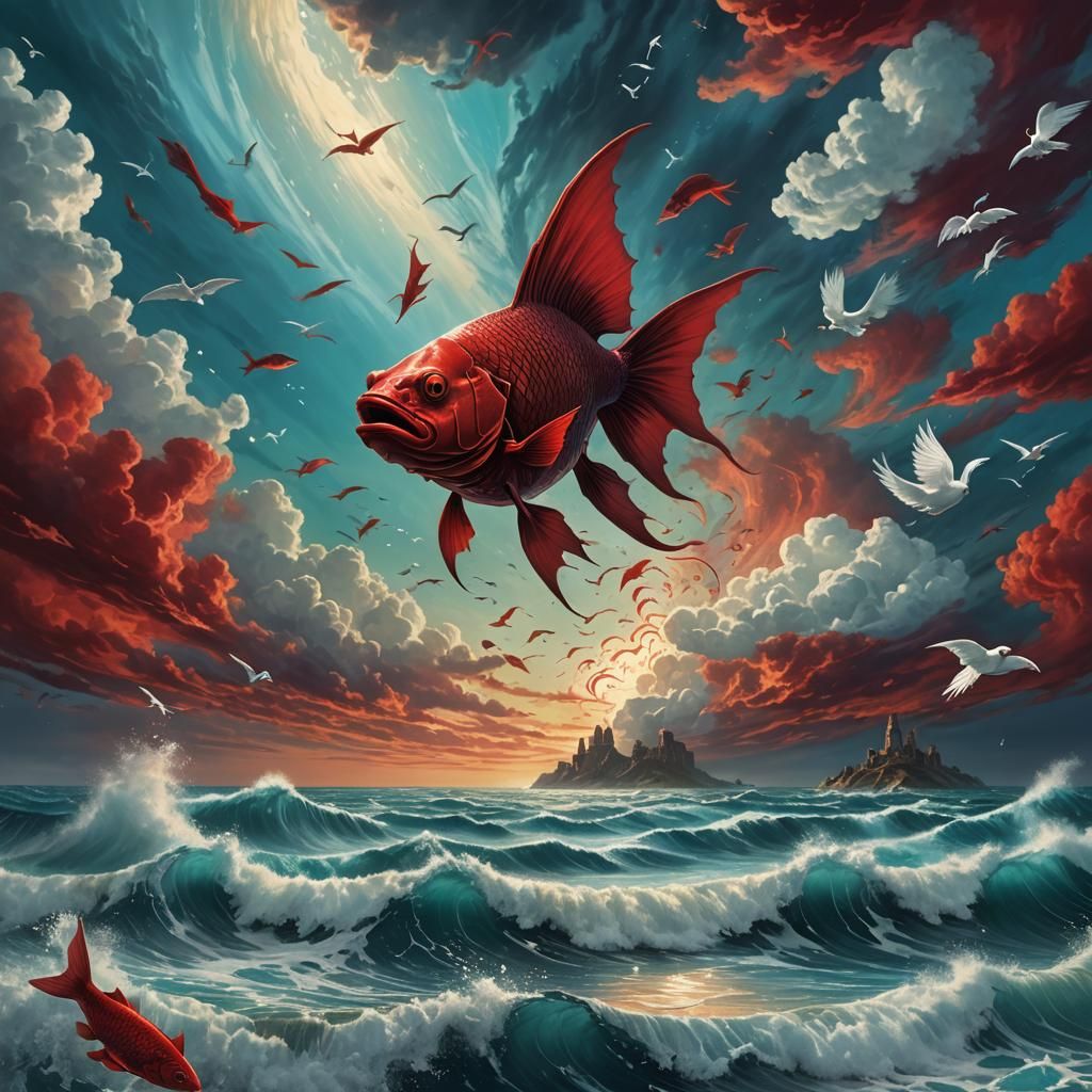 Dracula Fish Leaps Skyward in Surreal Matte Painting