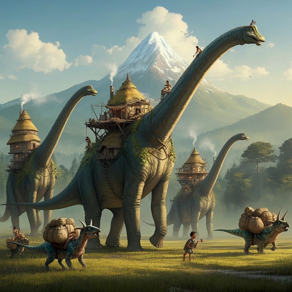 Brachiosaurus Herd with Villages in a Dreamlike Landscape