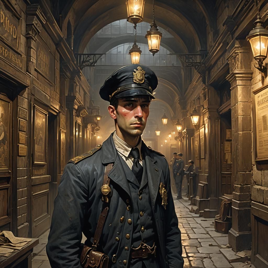 Weary Guard in Gaslit Hall, Dark Fantasy Art