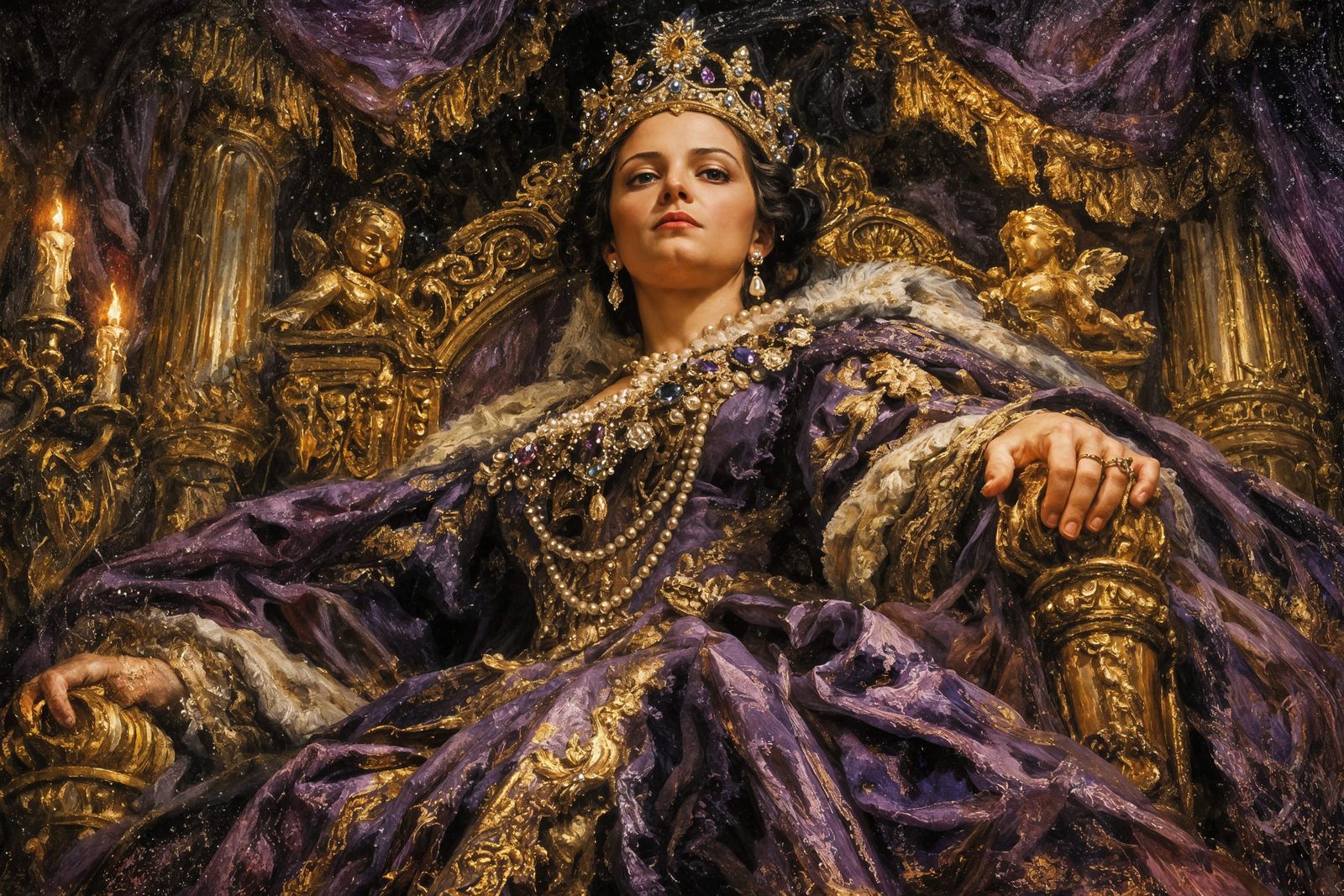 Baroque Queen on Throne, Regal Oil Painting