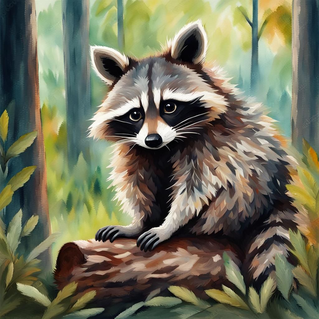 Raccoon in Forest: Gouache and Watercolor Style