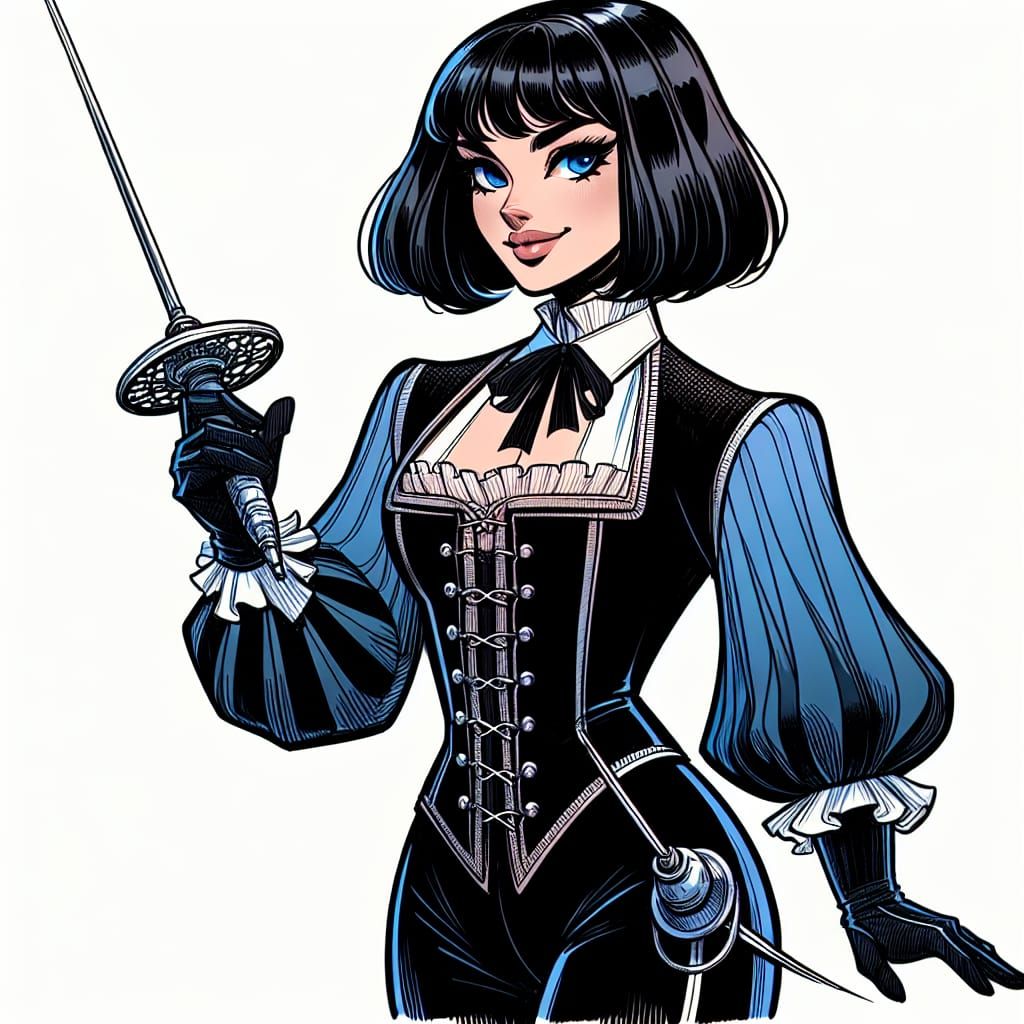 Comic Art Sketch of Woman Fencer in 18th Century Gear