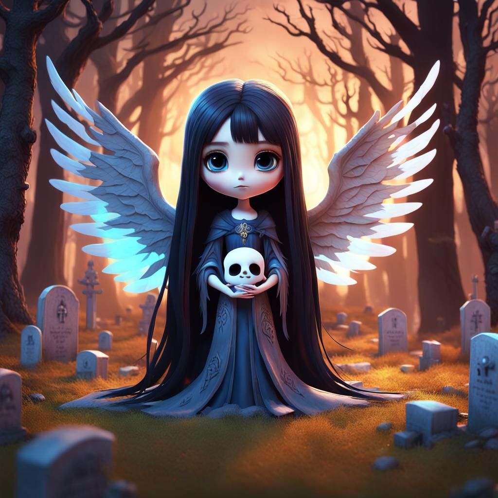 Chibi Goddess of Death in Graveyard: 3D Digital Art