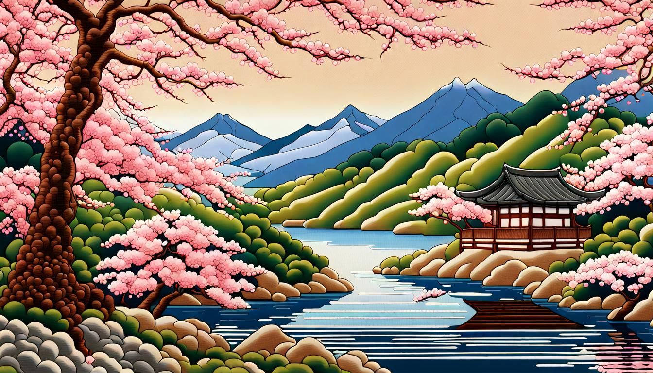 Cherry Blossoms and Shoji Screen in Needlepoint Embroidery