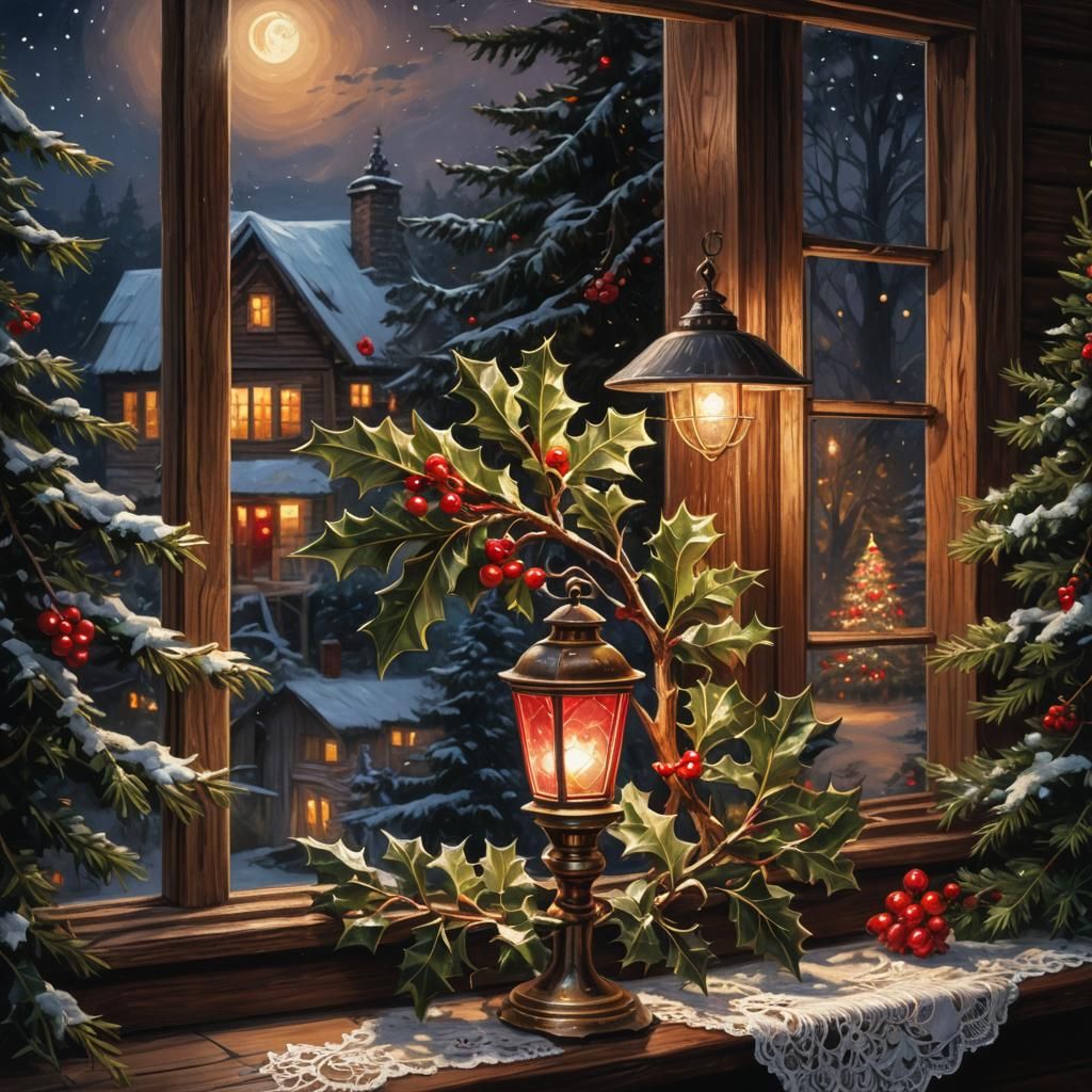 Christmas Holly on Windowsill as Oil Painting
