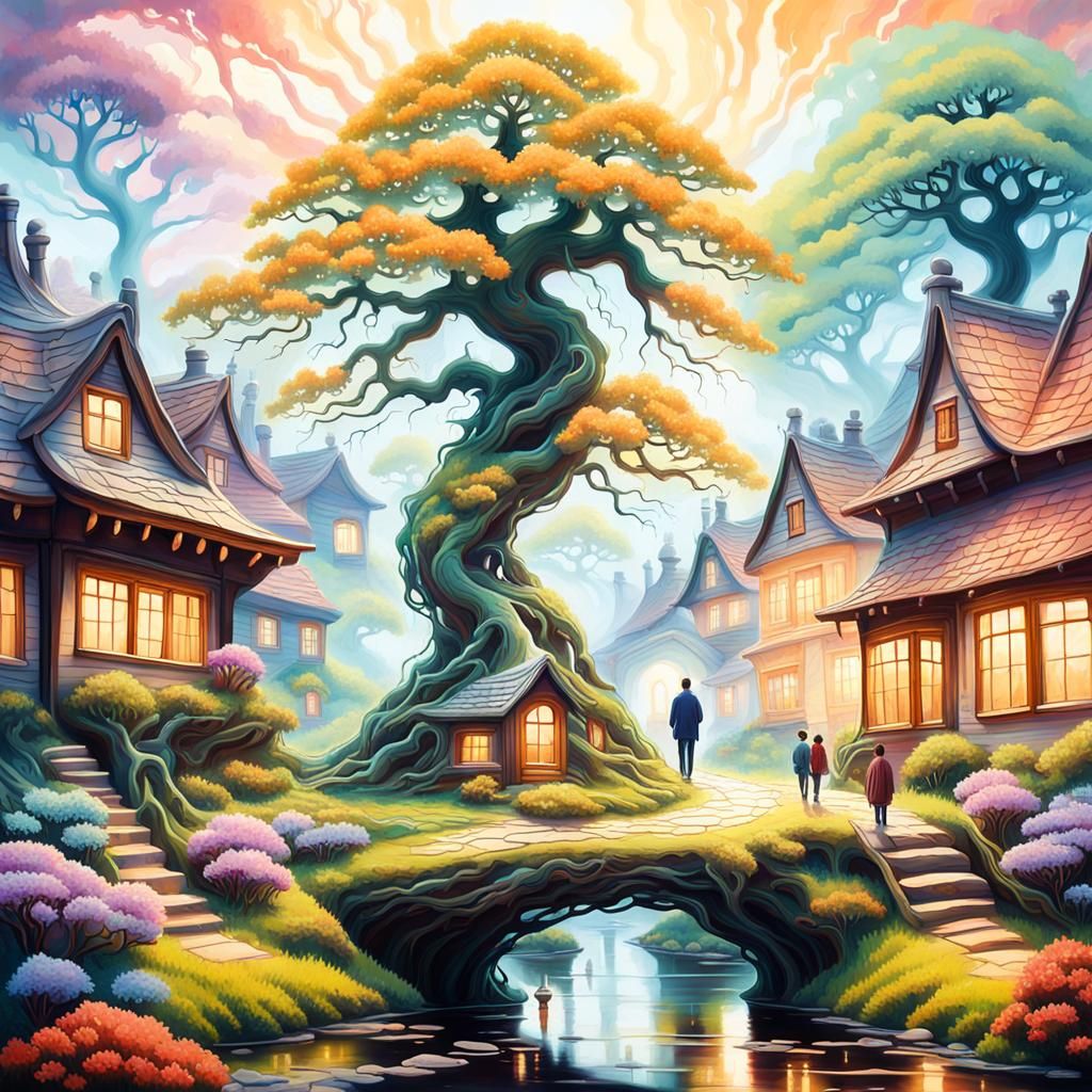 Surreal Dreamscape: Bonsai and Victorian Cottages