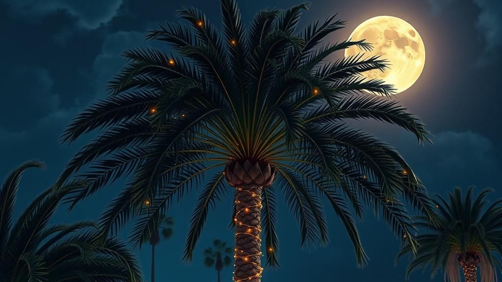Palm Tree at Night with Fairy Lights, Photorealistic Render