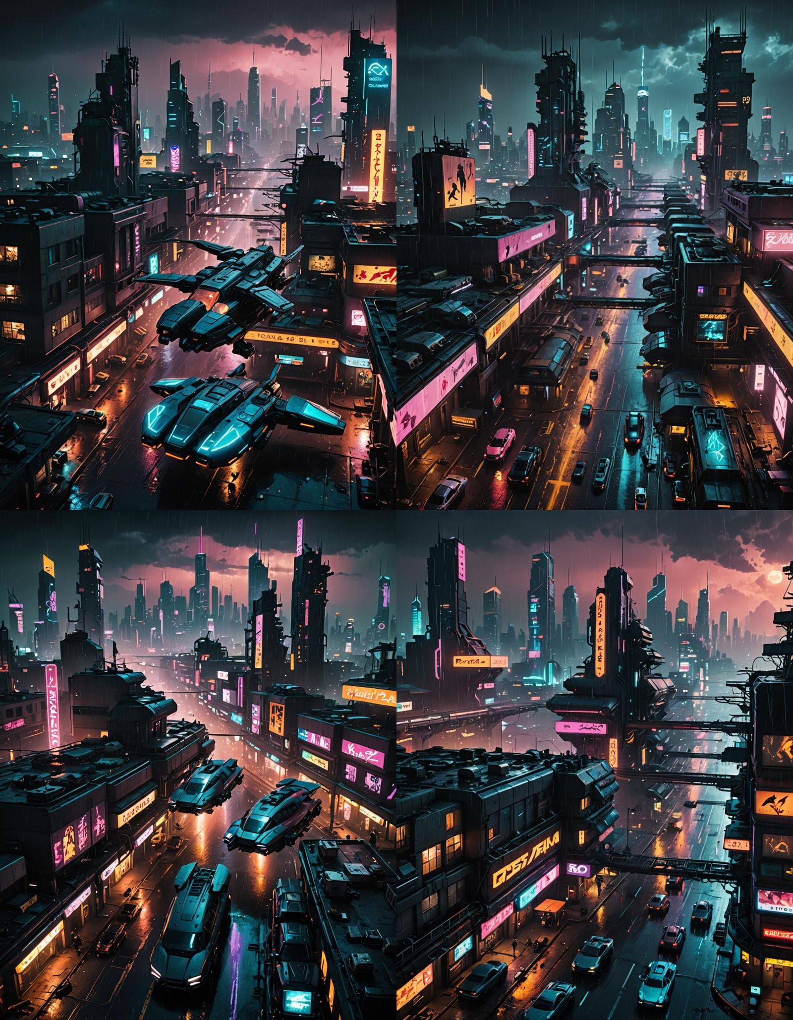 Cyberpunk Cityscape at Night with Flying Vehicles