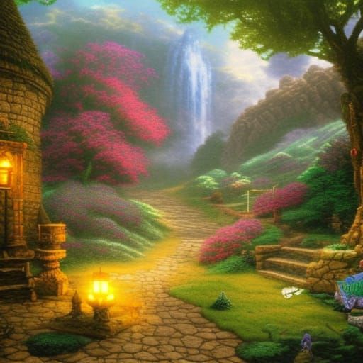 Ethereal Fantasy Dragon Quest in Kinkade Style