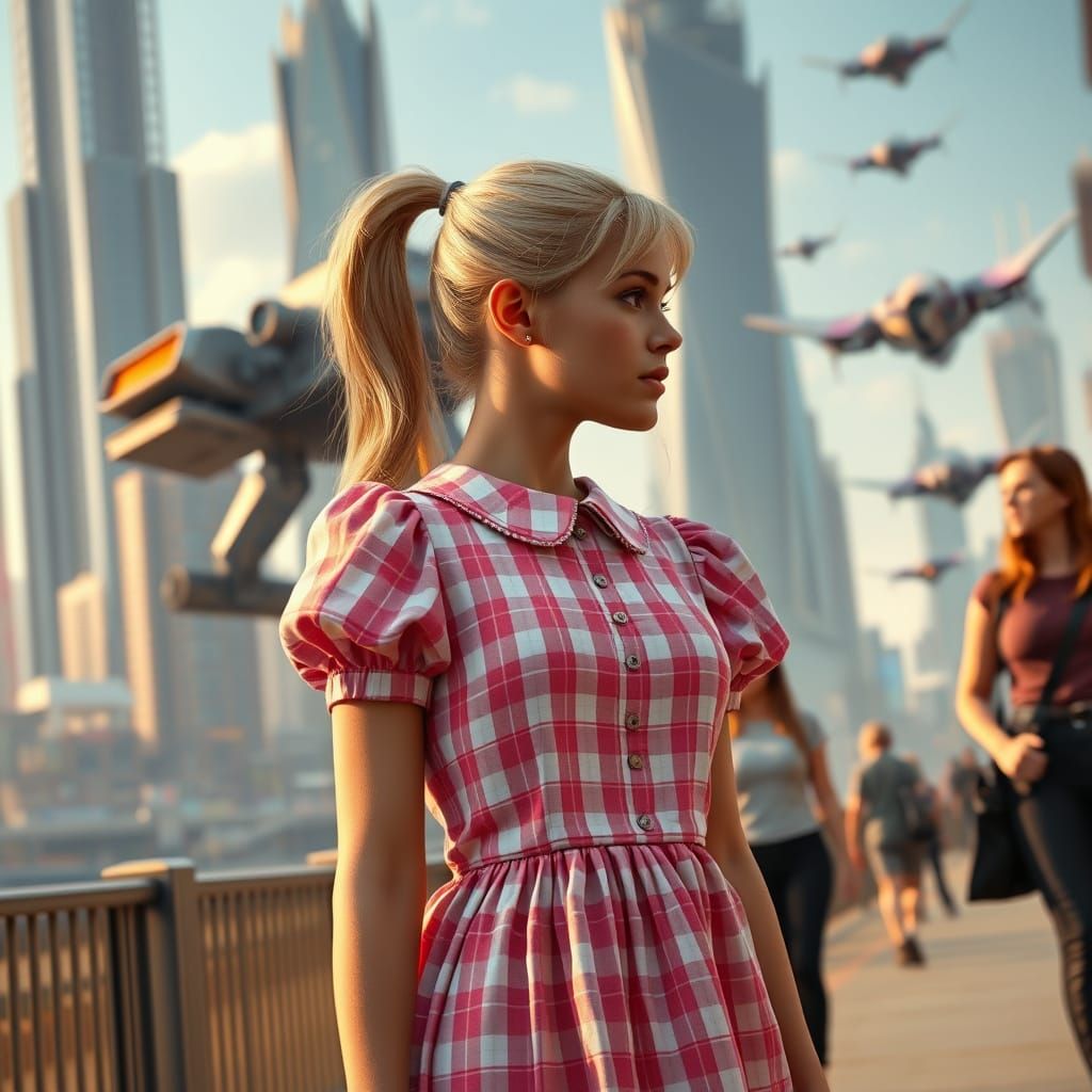 Futuristic City Scene with Woman in Pink Dress