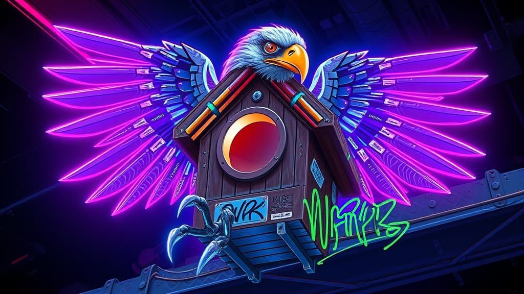 Futuristic Eagle Birdhouse with Neon and Holographic Details