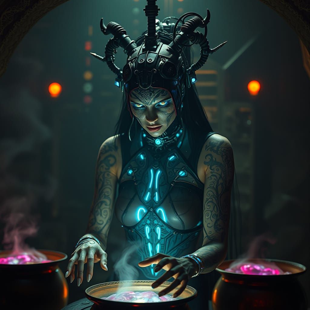 Cybernetic Priestess Ritual in Dark Industrial Style