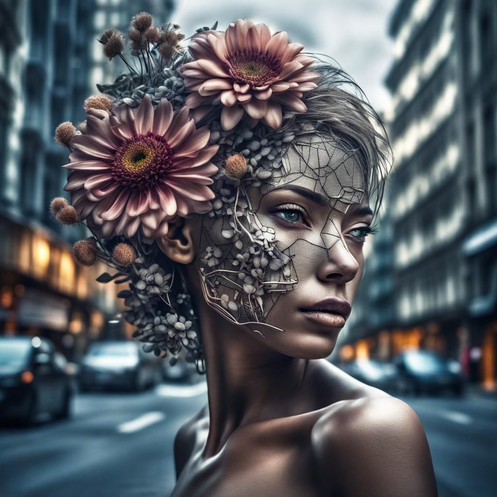 Futuristic Floral Face in Hyperrealistic Cityscape