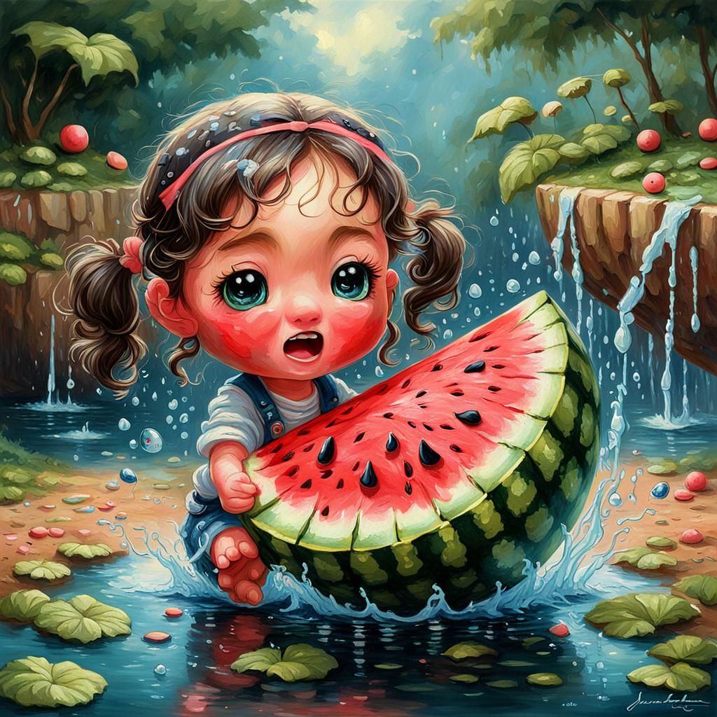 Crying Watermelon Chibi in Oil Painting Style