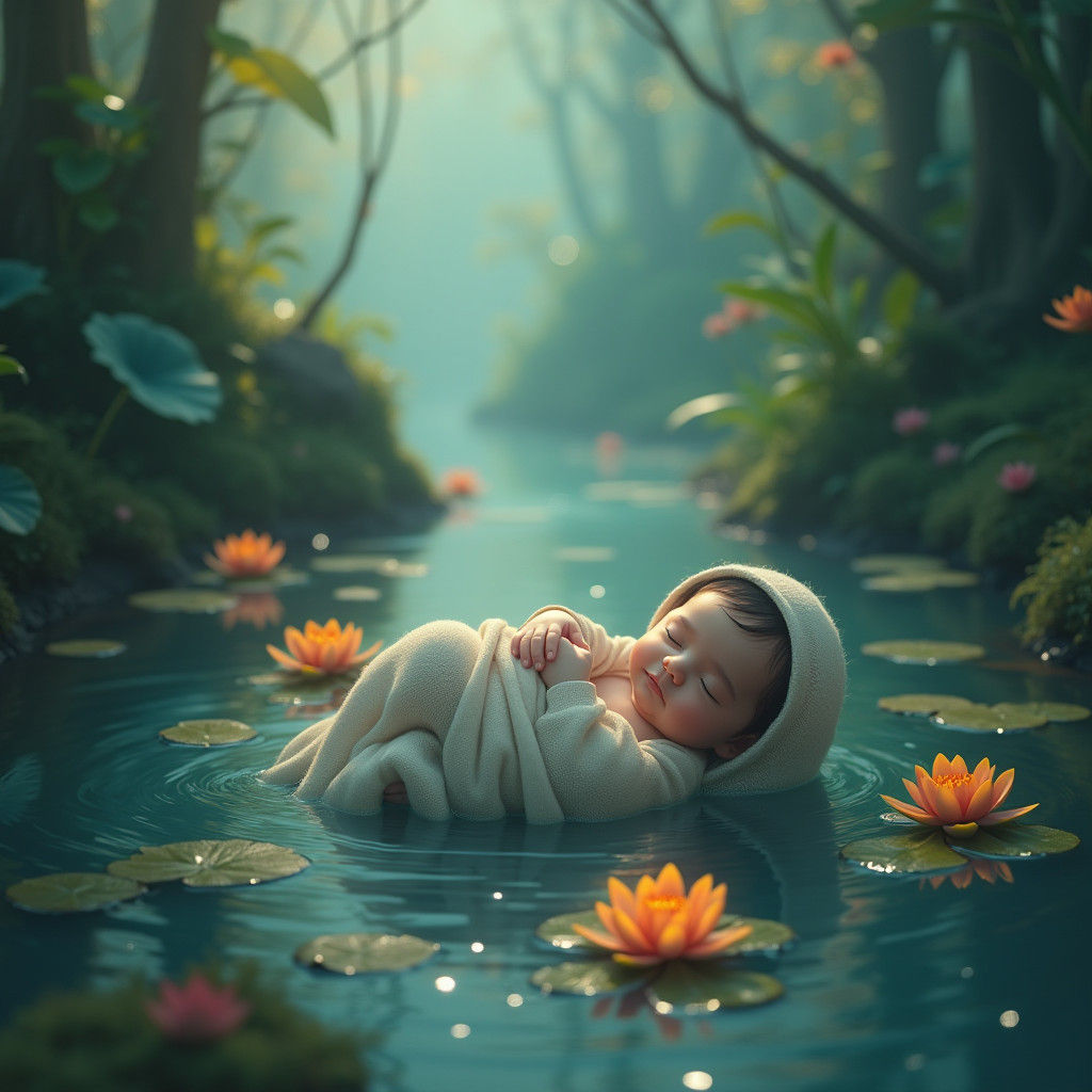 Cherubic Baby Floats Down Misty River