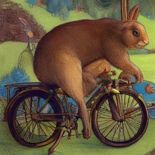 Whimsical Rabbit Chases Old Woman in Dystopian Landscape