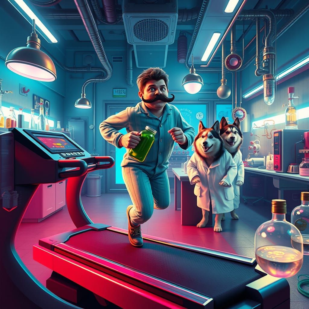 Pickle-Man on a Treadmill in a Steampunk Lab