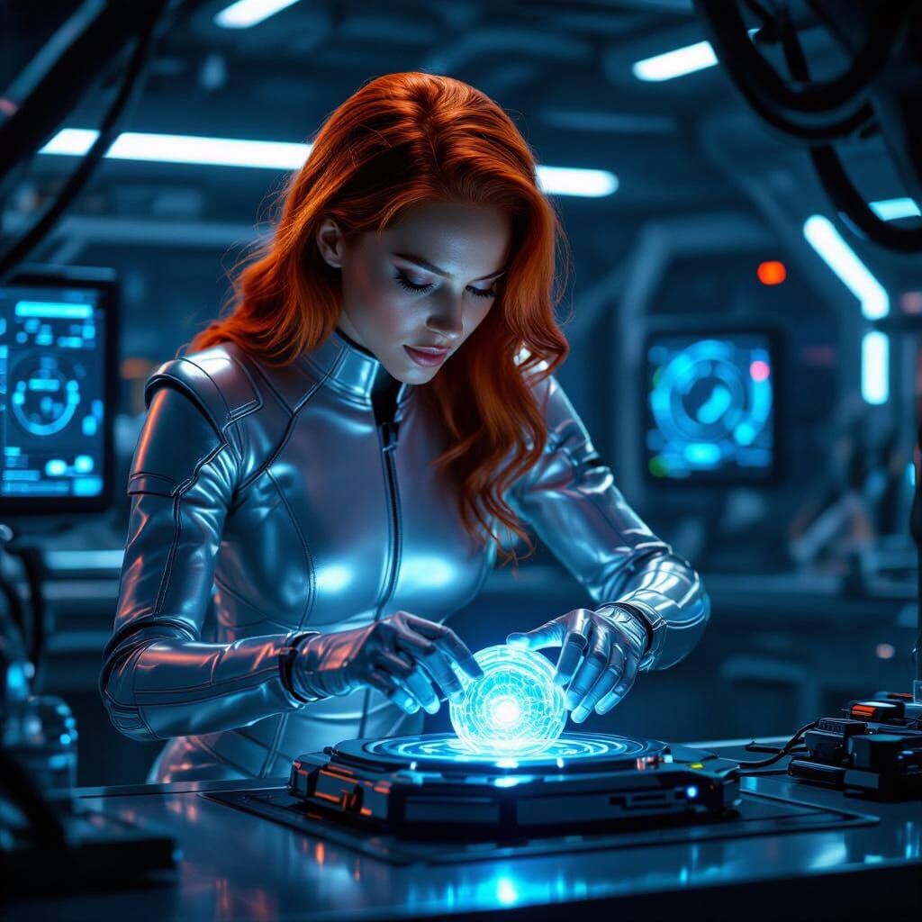 Futuristic Woman Installs Glowing Core in Lab