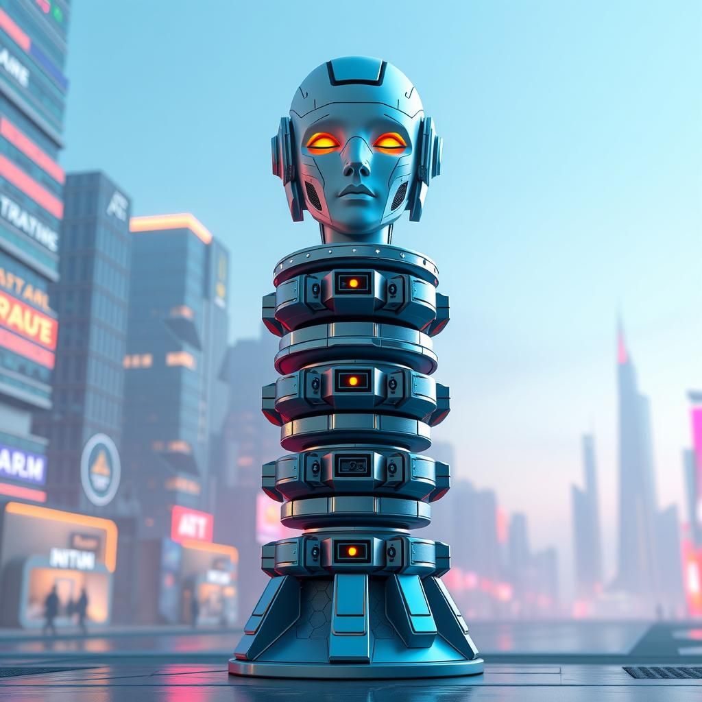 Futuristic Totem Pole with Android Head in 3D Render