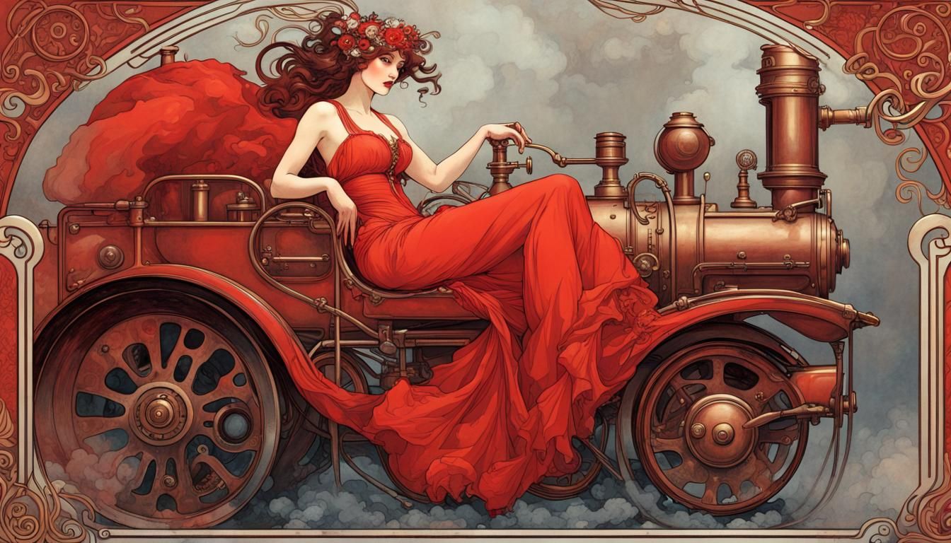 Elegant Lady in Red, Art Nouveau Steampunk Scene