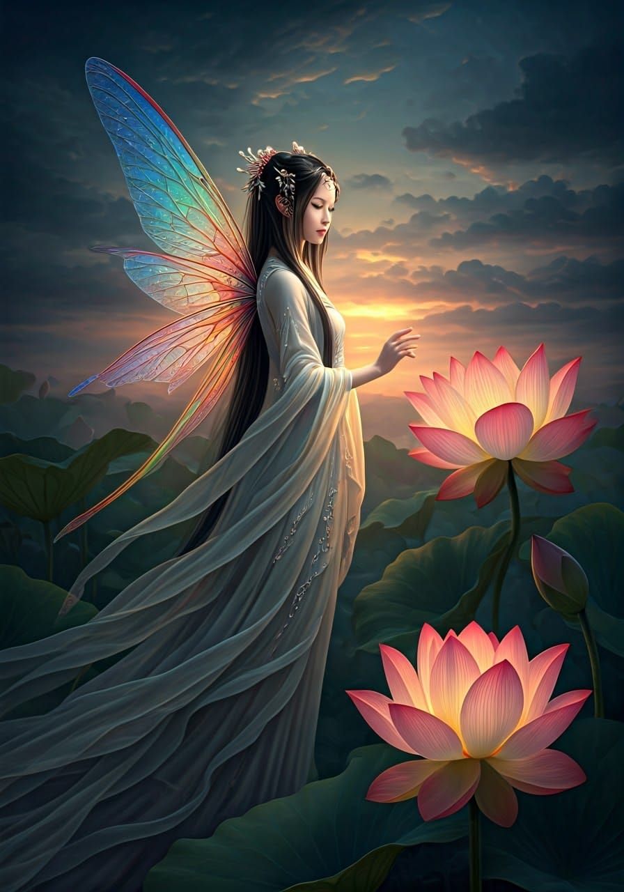 Ethereal Asian Fairy with Lotus Blossom