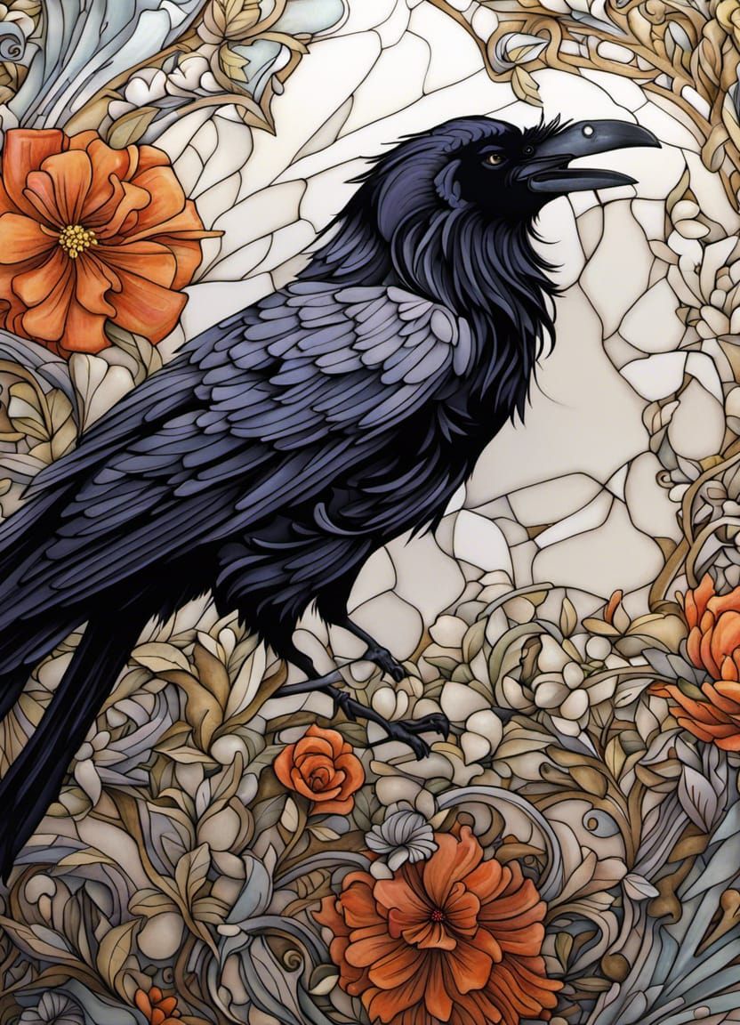Glass Raven in Art Nouveau Style