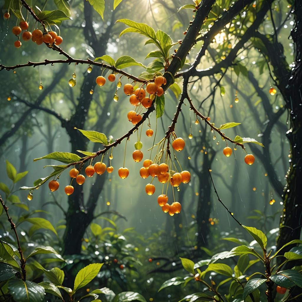 Golden Cherries Glistening in Morning Dew