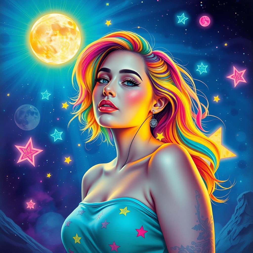 Celestial Woman with Rainbow Hair in Psychedelic Scene