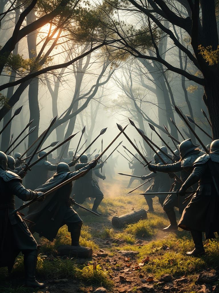 Warriors Clash in a Dense Forest Battle Scene