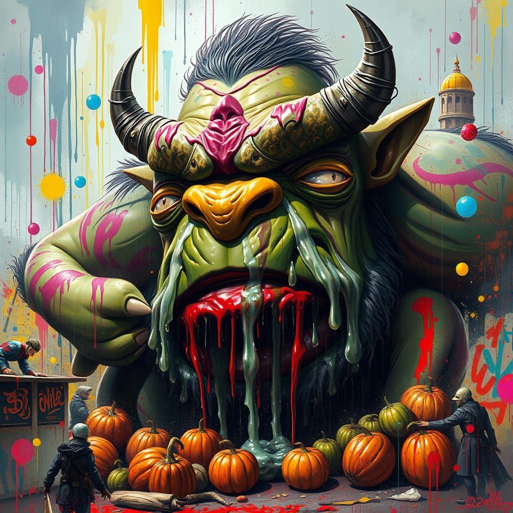 Giant Ogre Cries Famine Tears in Graffiti Art Style