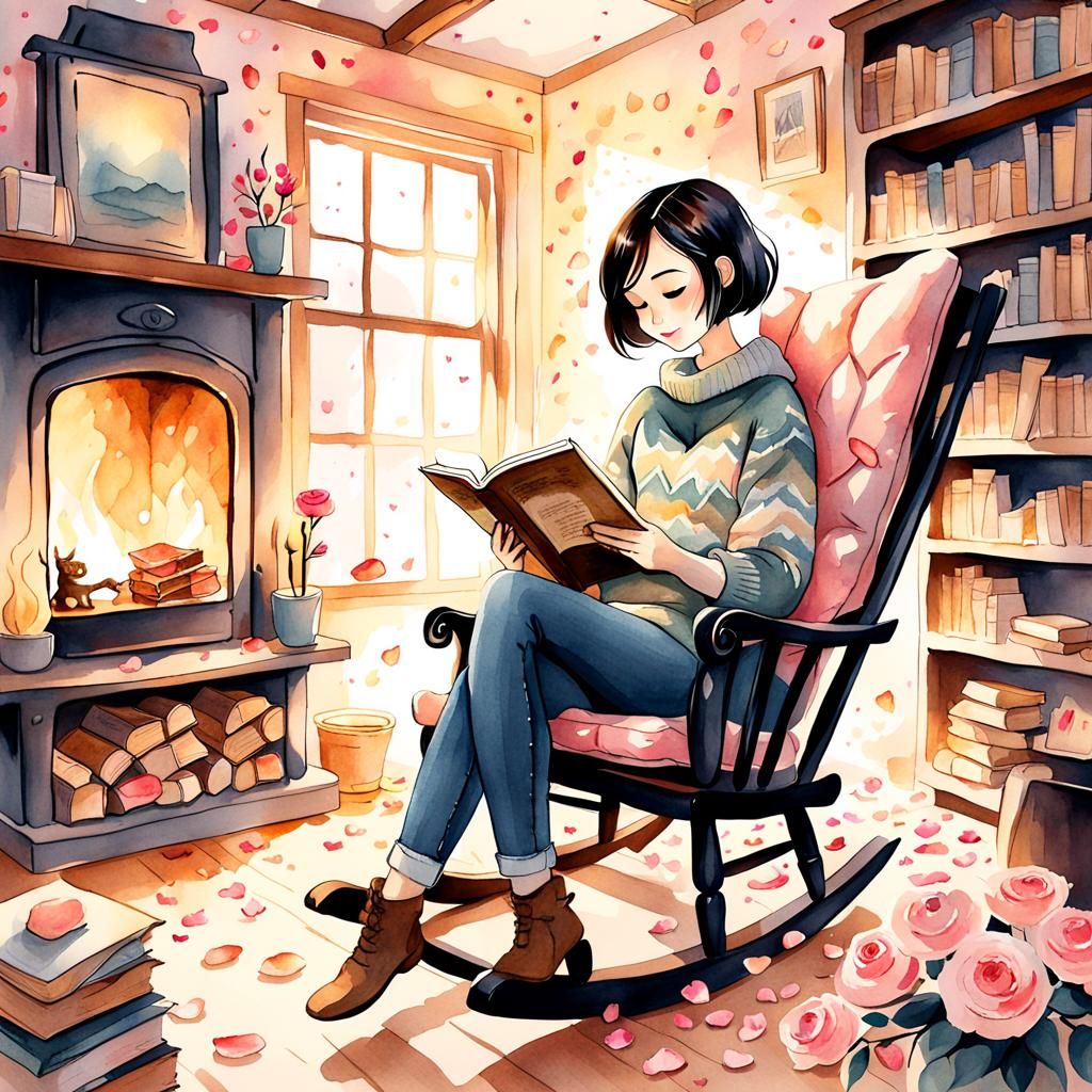 Cozy Girl Reading: Whimsical Watercolor Illustration