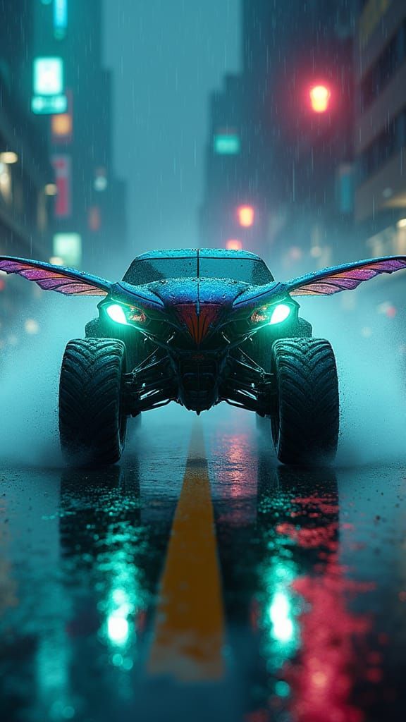 Surreal Futuristic Locust Speeds Through Neon City in Cyberp...