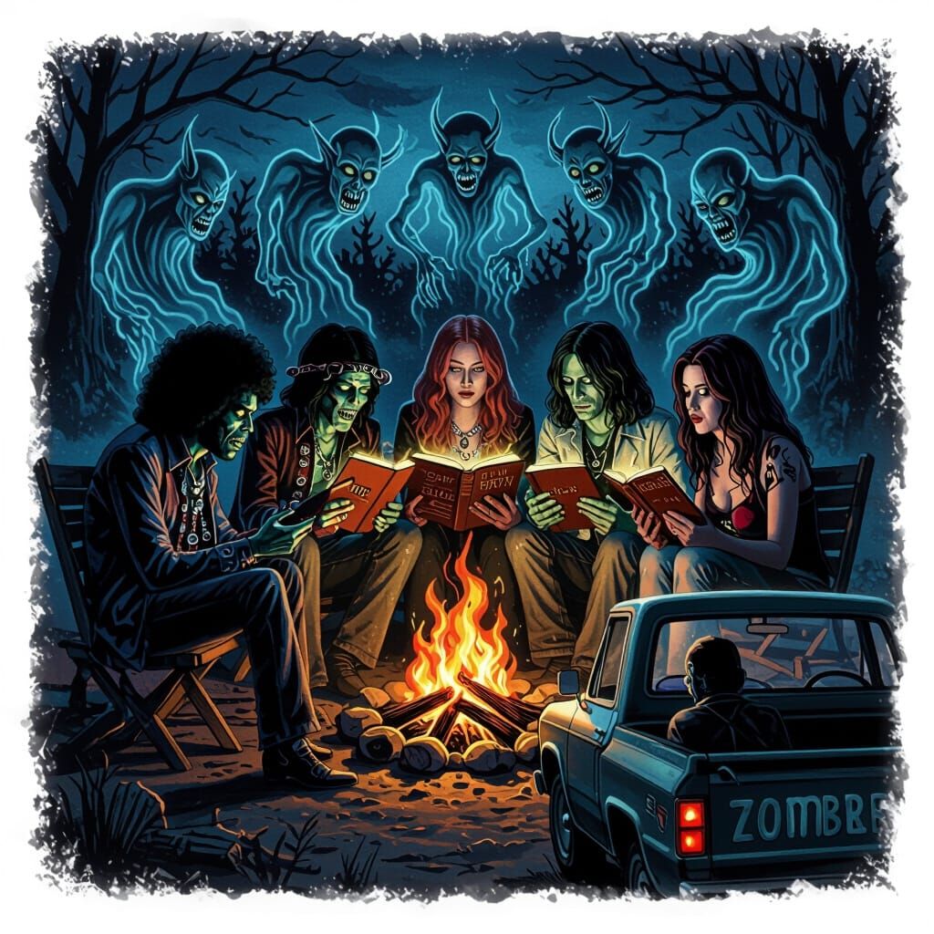 27 Club Zombies Read Book of the Dead with Shadow Demons