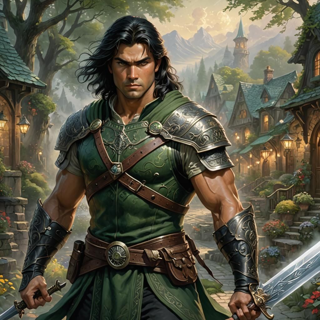 Human male warrior with shoulder length black hair and green...