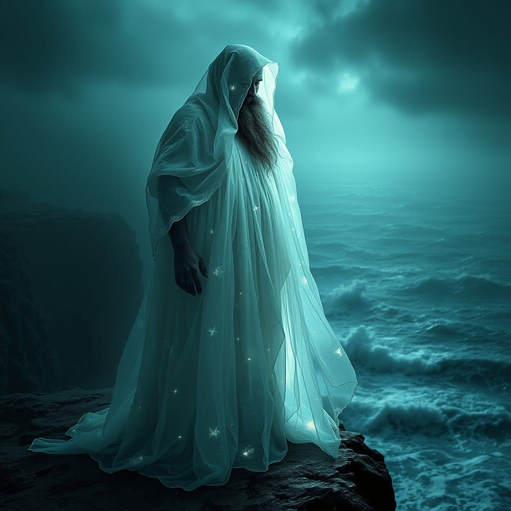 Mysterious Figure on Cliff Overlooking Stormy Sea