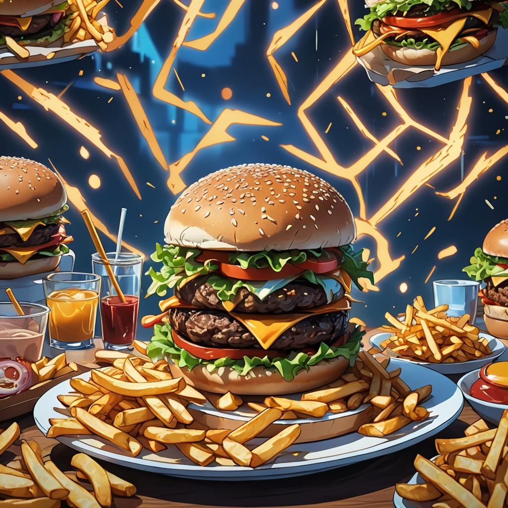 Vibrant Anime Burger and Fries in Manga Style