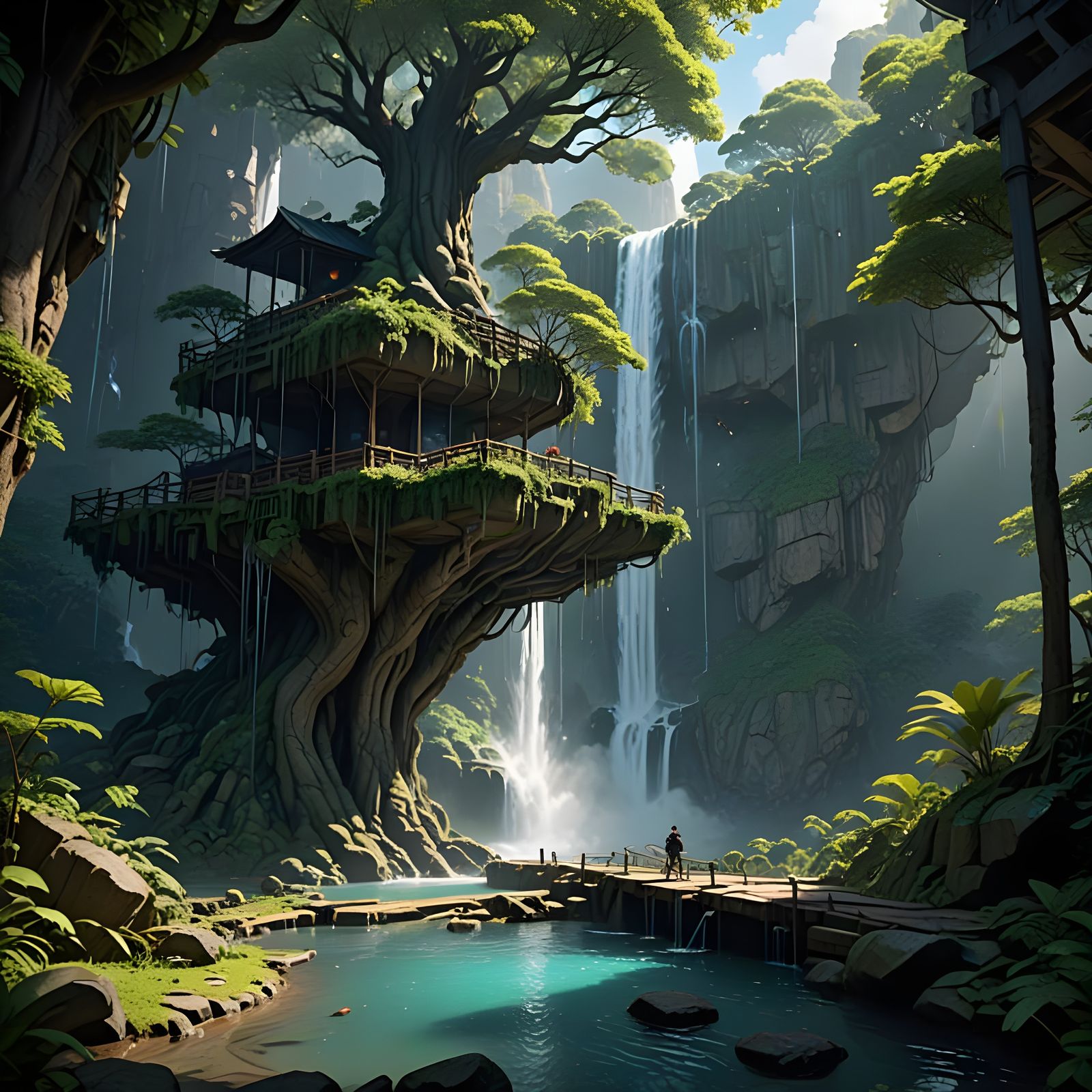 Surreal Waterfall Oasis in Cyberpunk Aesthetic