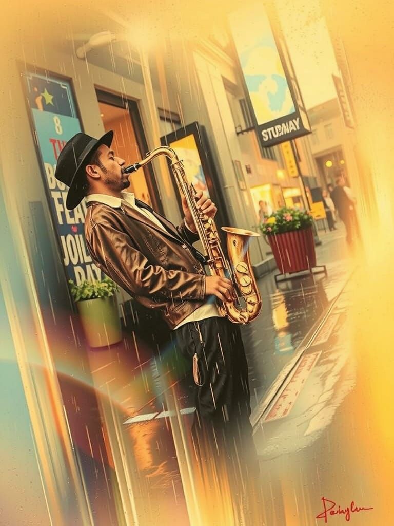 Saxophonist Plays Melancholy Tune on Rainy City Street