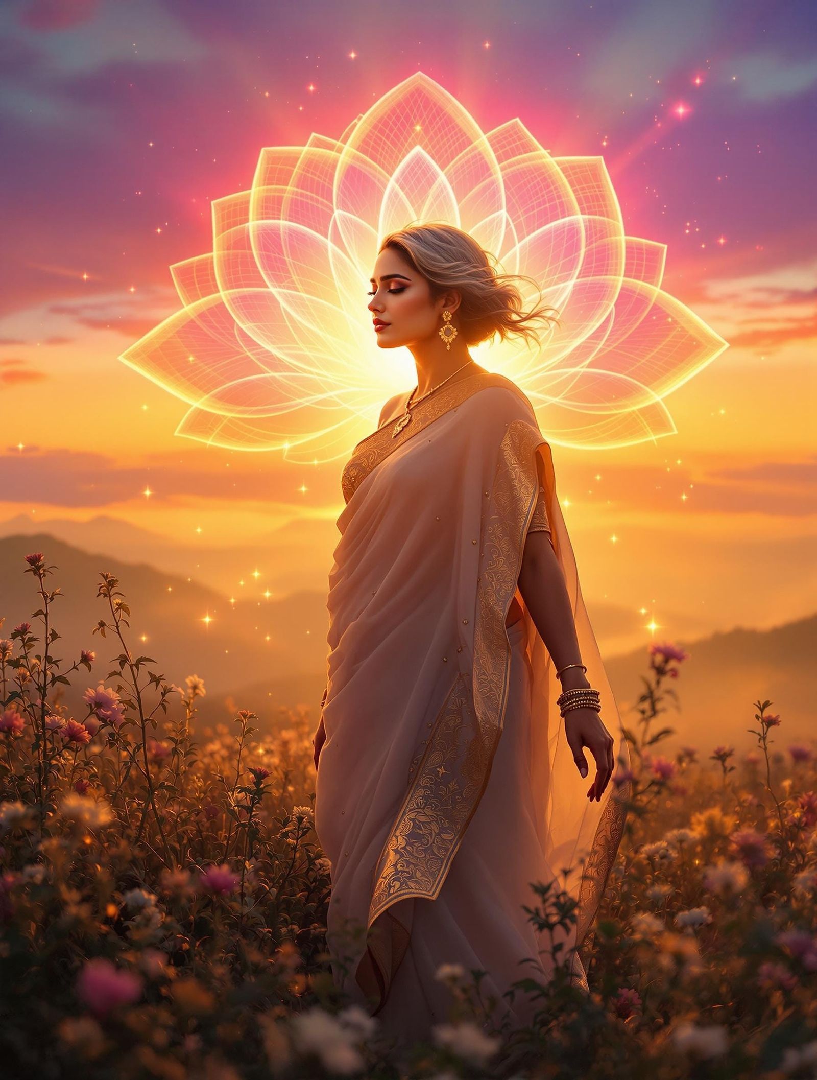 Surrealist Indian Woman Surrounded by Glowing Sunrise