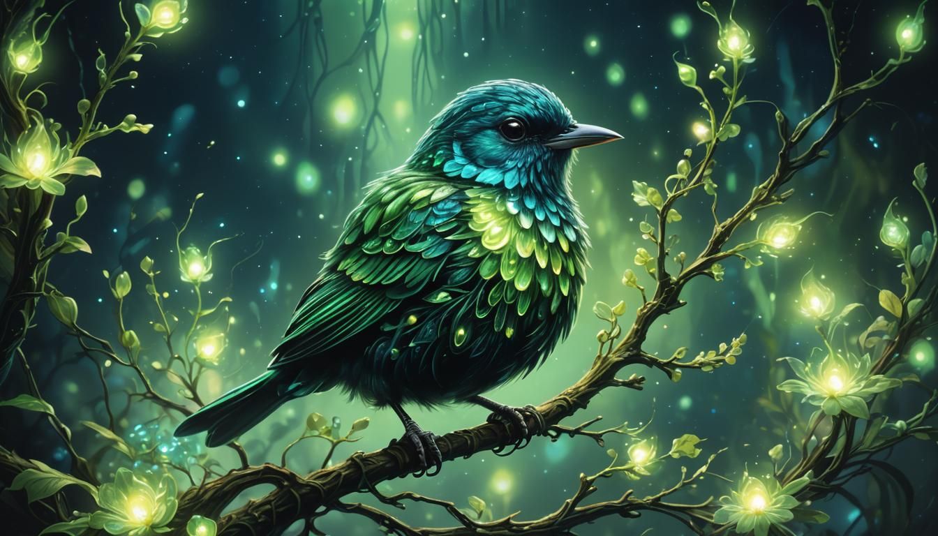 Glowing Bioluminescent Bird in the Dark: Oil Painting