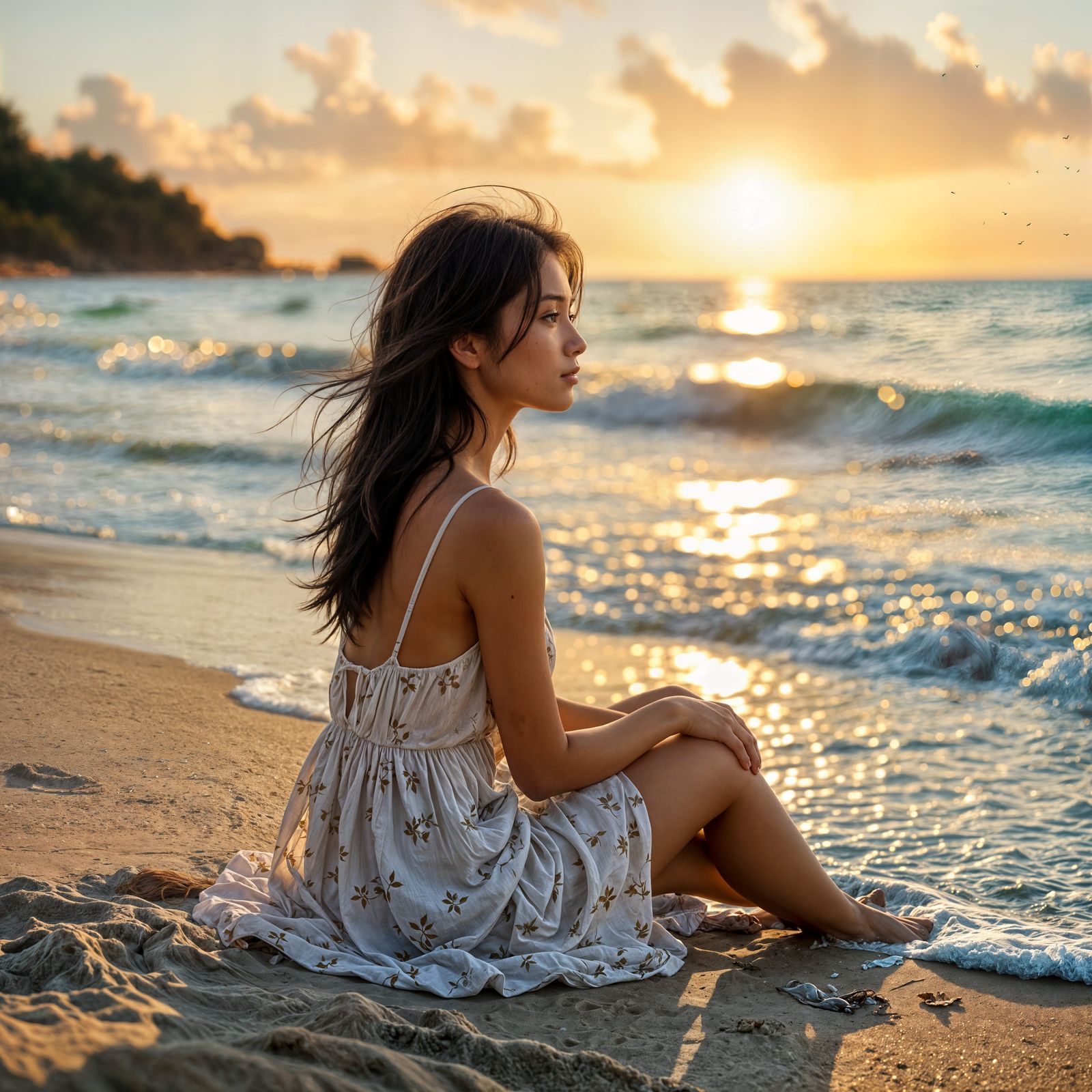 Young Woman on Sandy Shore in Golden Sunlight