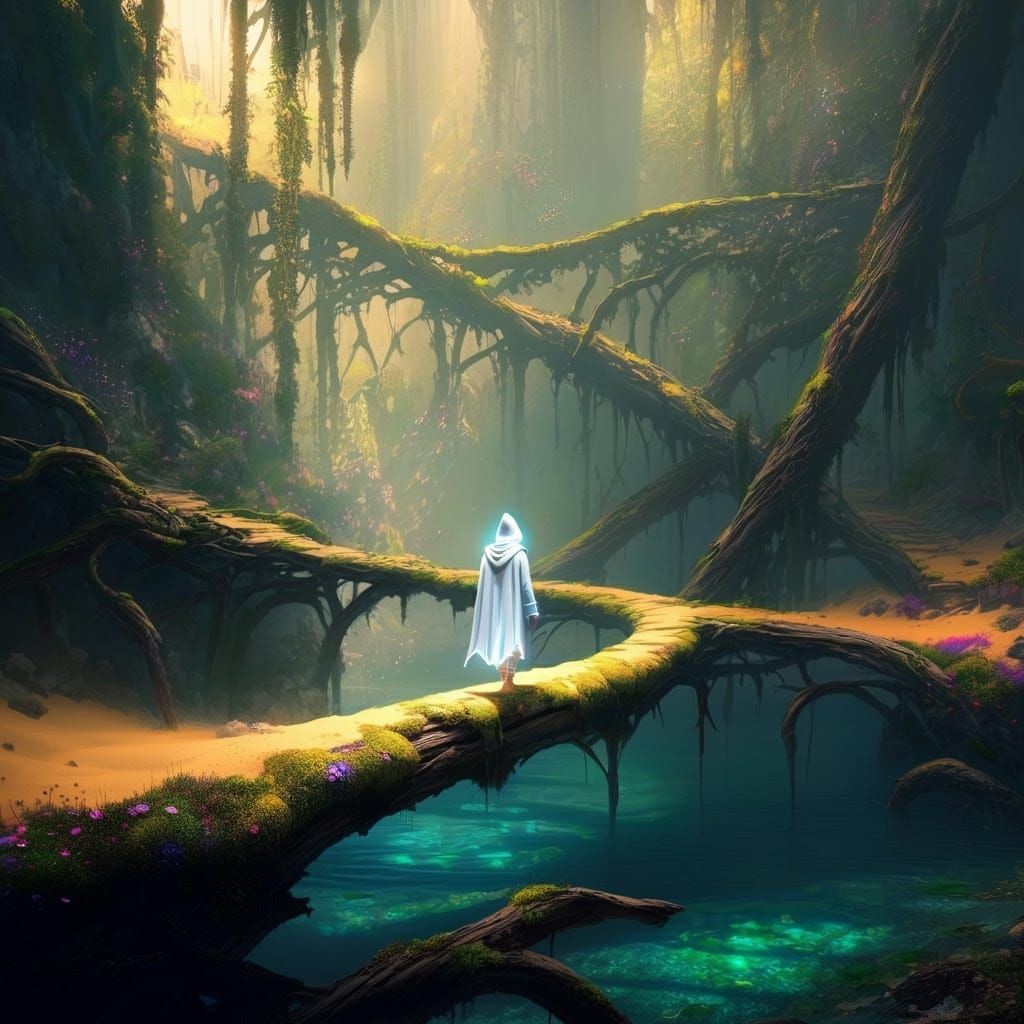 Ethereal Figure Walks Among Ancient Forest's Glowing Hollow....