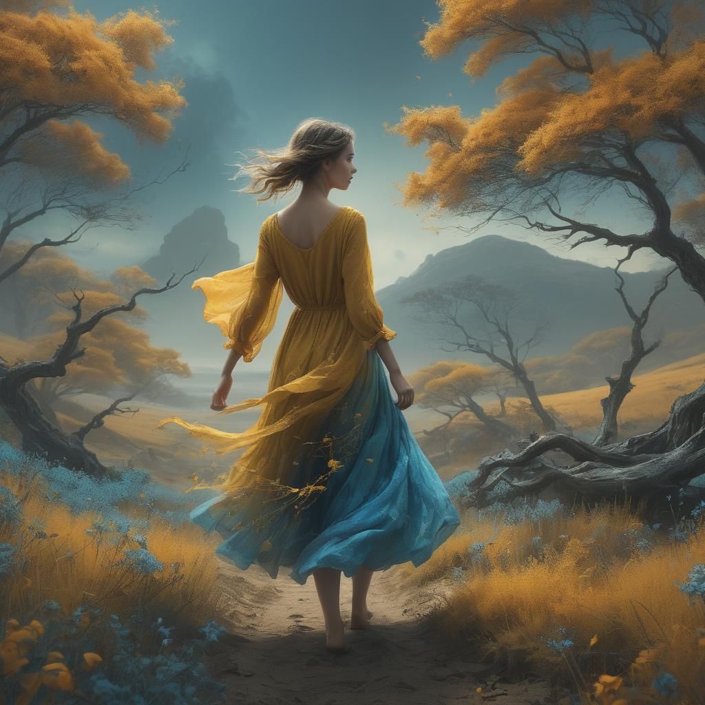 Girl Walking Through a Field in Ethereal Style