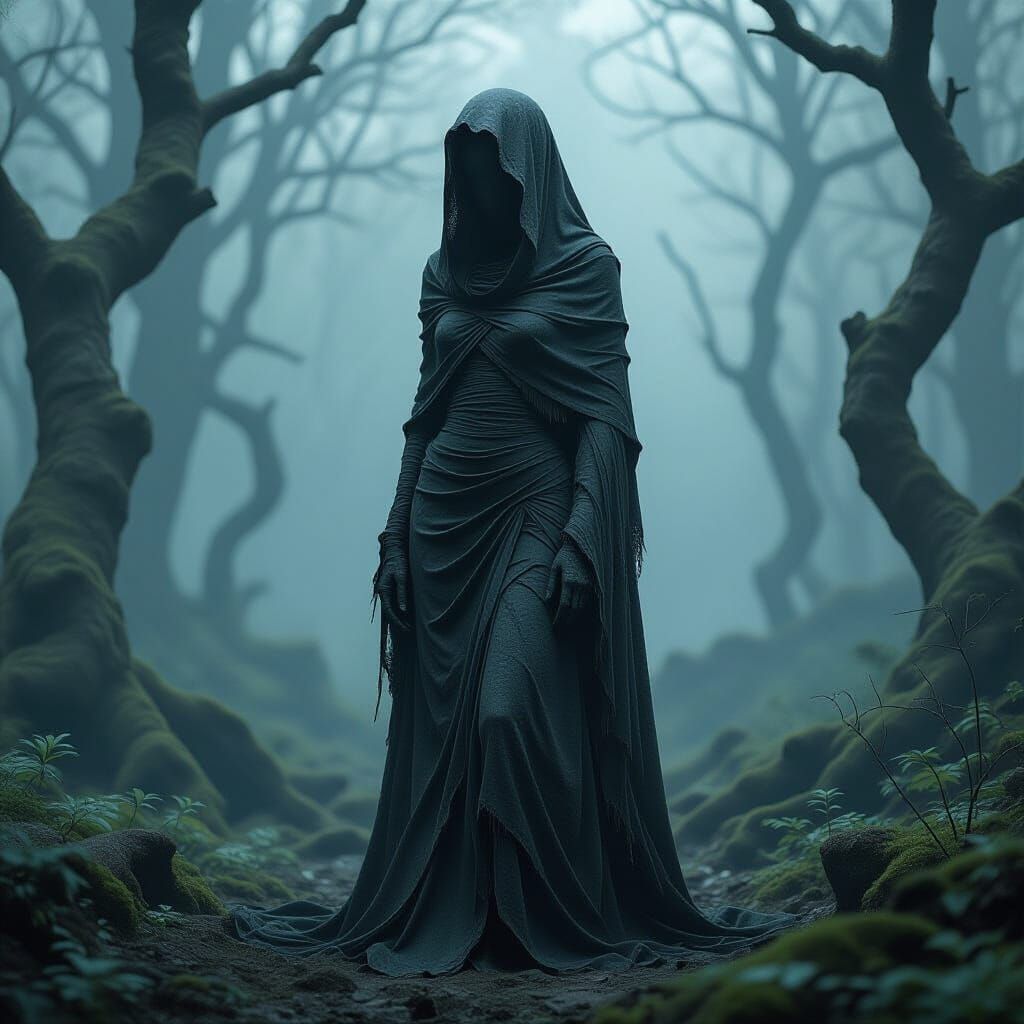Ethereal Woman in Misty Forest, Gothic Horror