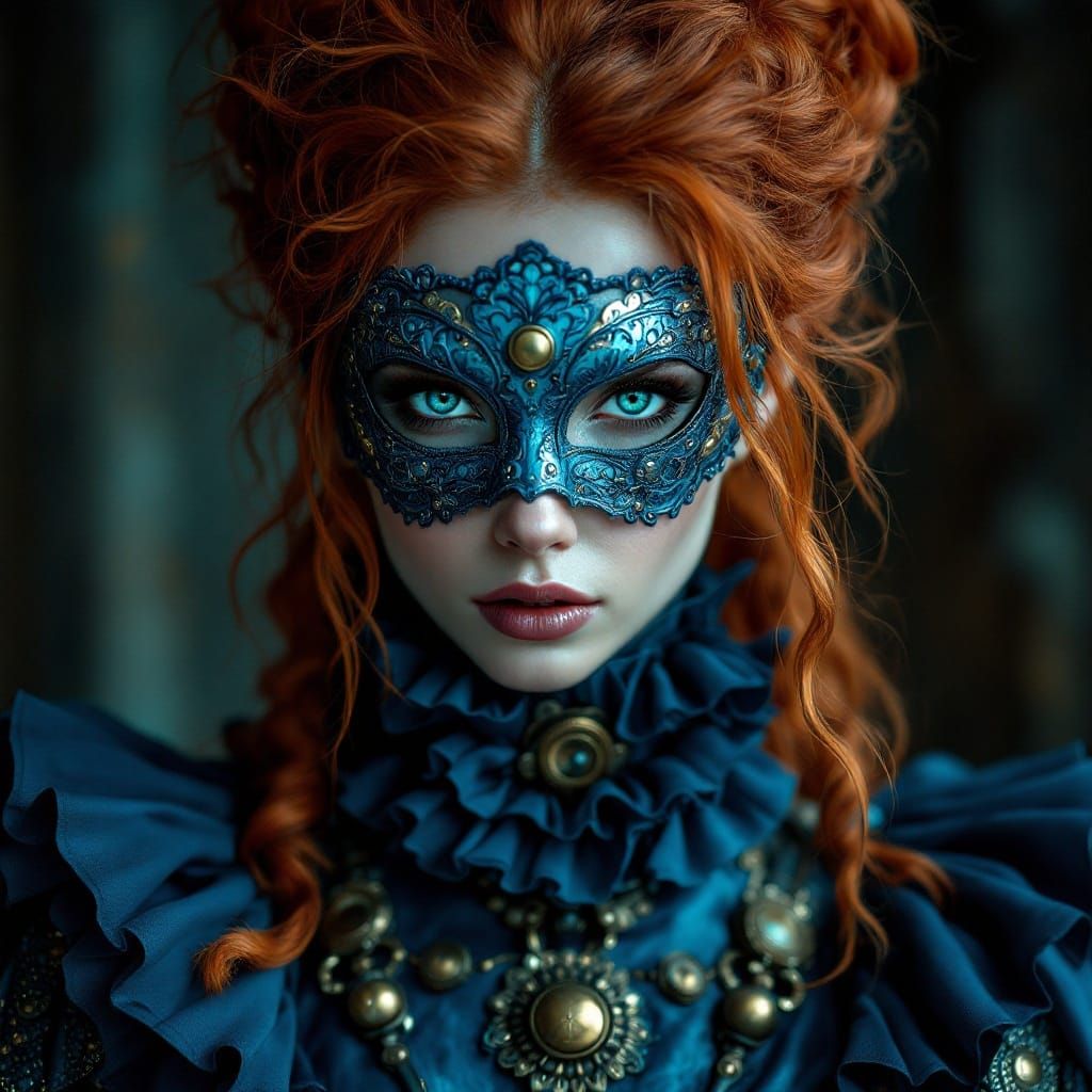 Steampunk Redhead with Venetian Mask in Hyperrealistic Style