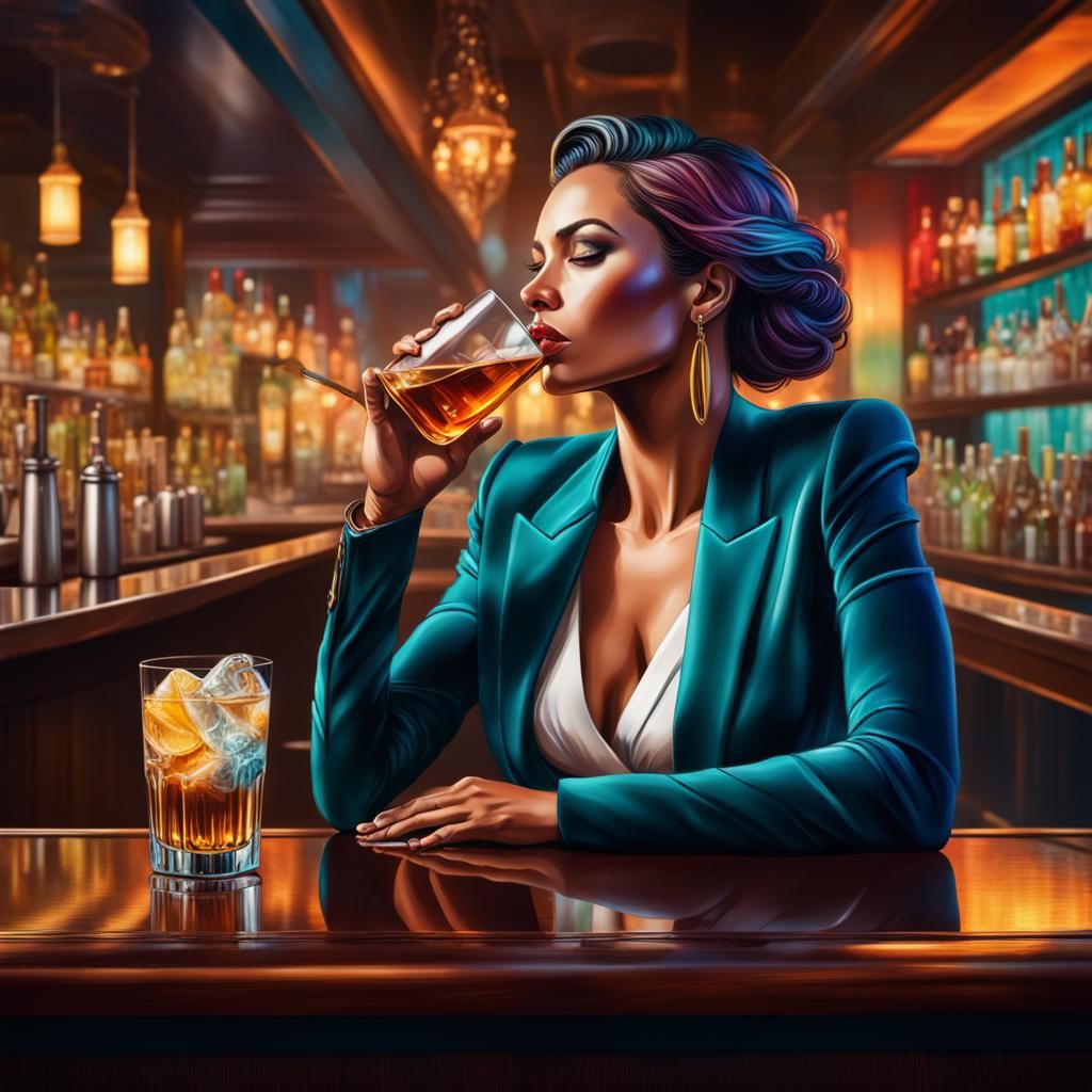 Woman at Bar: Hyperrealistic Splash Art