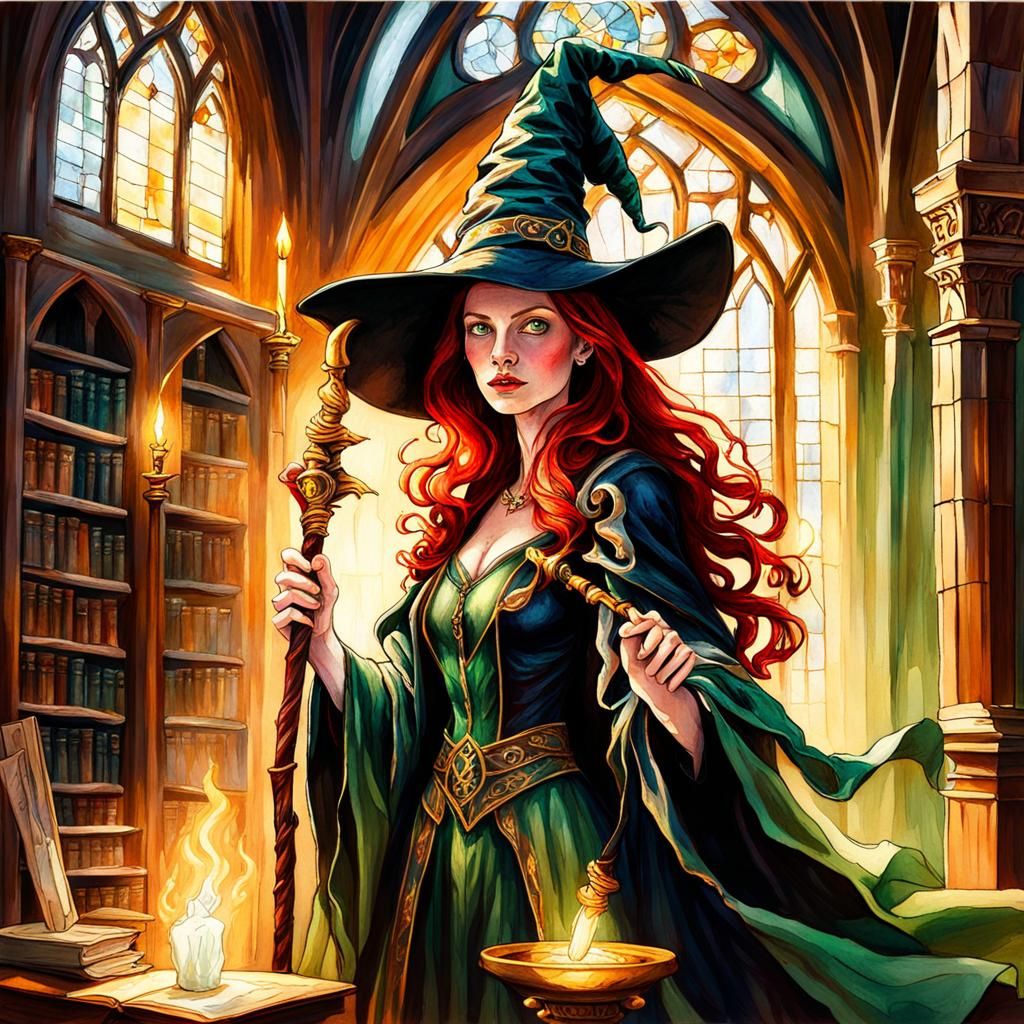 Romantic Witch Queen Portrait in Gouache Style