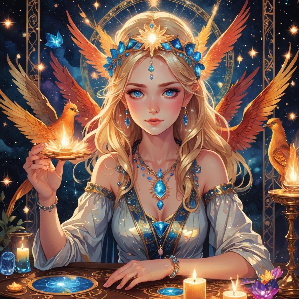 Anime Tarot Reader with Phoenix Decorations