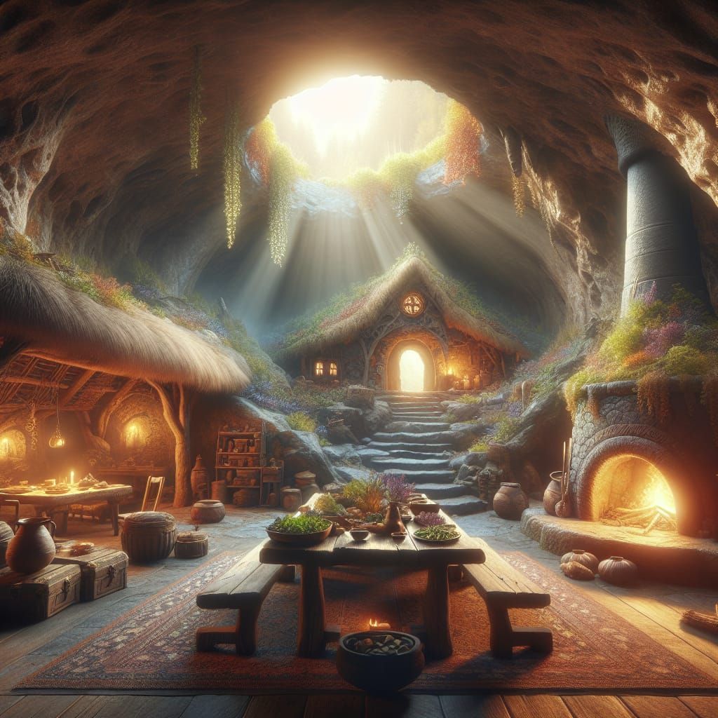 Cave Dwelling with Sunlight and Herbs, Matte Painting